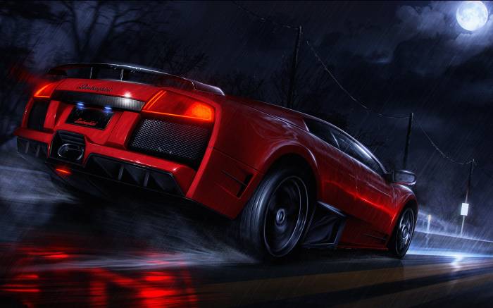 Ламборджини, ламборгини, lamborghini, луна, дорога, дождь